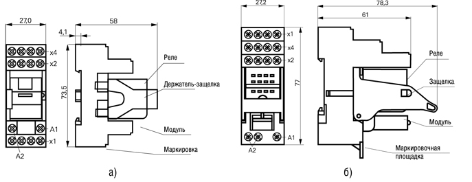 Габаритные размеры держателей реле PT 78 720/PT 78 730/PT 78740 (а) и PT 78 722/PT 78 742 (б) для установки на DIN-рейку