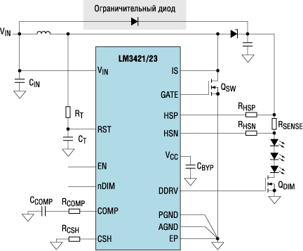 Схема включения драйвера LM3421/23 Схема включения драйвера LM3421/23