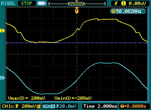 Осциллограммы тока (желт.), напряжения (голуб.) ELP030C0500LS 