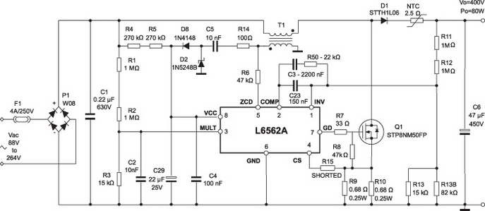 Принципиальная электрическая схема широкодиапазонного сетевого источника питания (оценочная плата EVL6562A-TM-80W) 