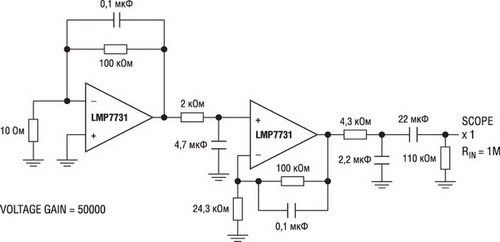 Схема для определения коэффициента шума LMP7731/7732 в полосе частот 0.1...10 Гц 