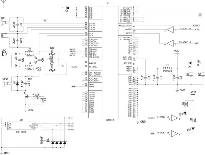Пример электрической принципиальной схемы включения модуля WS6318 