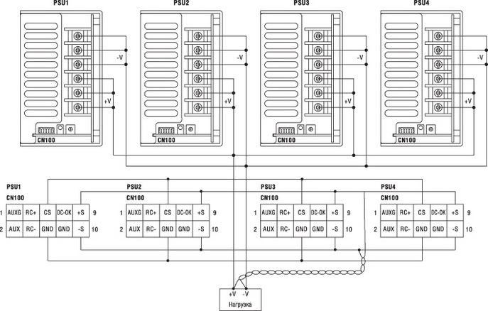 Схема параллельного подключения модулей HRPG-600-24, HRPG-600-36, HRPG-600-48