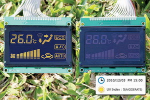 Обычный (справа) и адаптированный (слева) для солнечного света OLED-дисплеи 