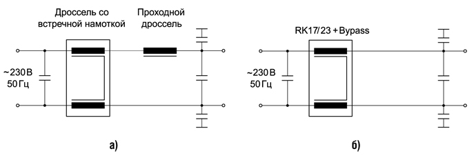 Классическая схема сетевого фильтра (а) и схема на базе RK + Bypass (б) 