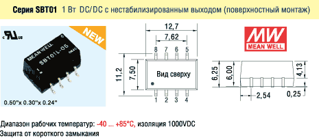 Внешний вид и габаритные размеры DC/DC серии SBT01 