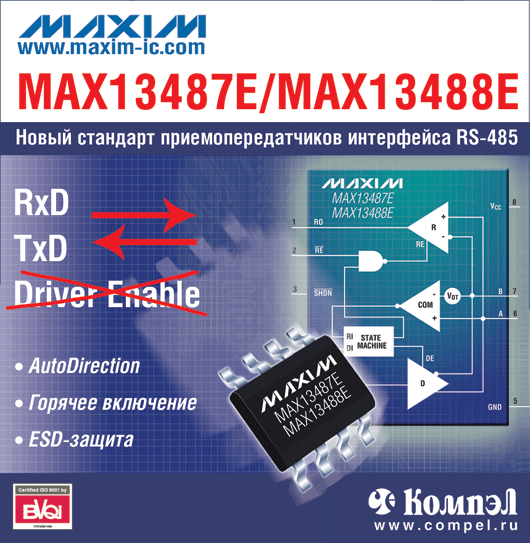 MAX13487E, MAX13488E - новые приемопередатчики стандарта RS-485